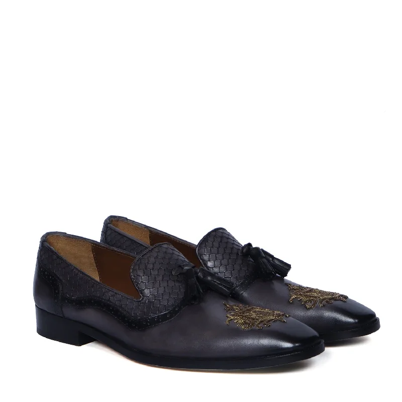 Soft Mesh Sneakers Zardosi Toe Tassel Slip-On Shoe in Grey Snake Skin Textured Leather