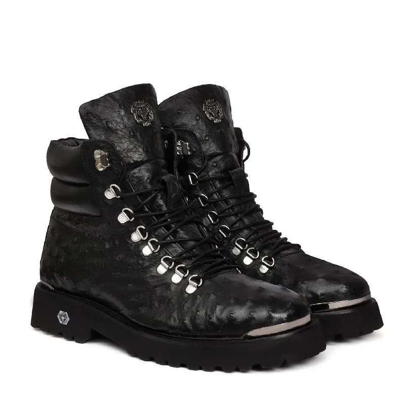 Lightweight Loafers Black Biker Boots in Premium Authentic Ostrich Leather