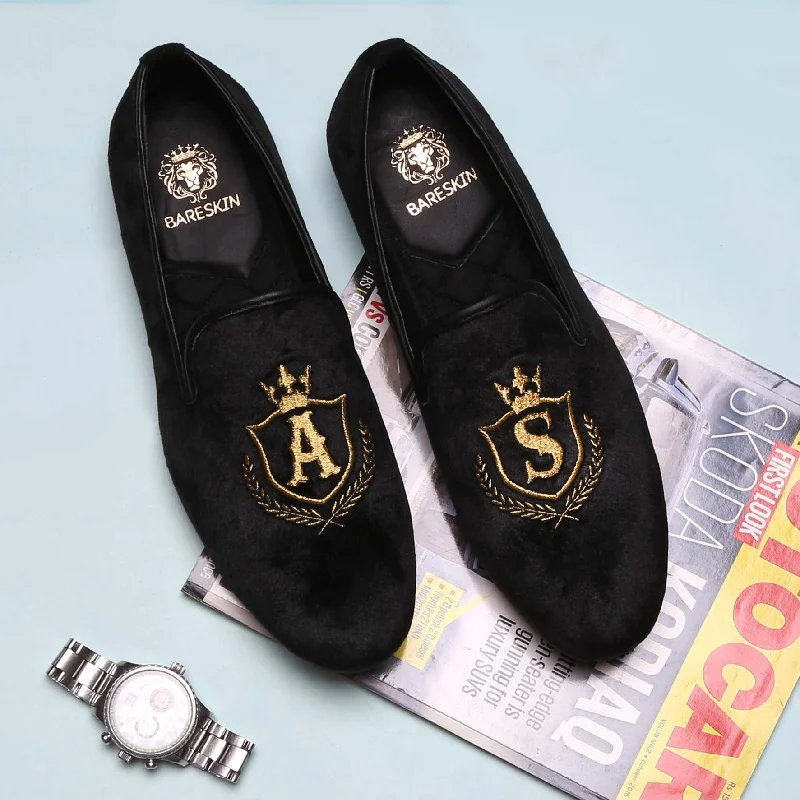 Durable Running Shoes A&S Embroidered Crafted Initial on Black Velvet Slip-on by Brune & Bareskin