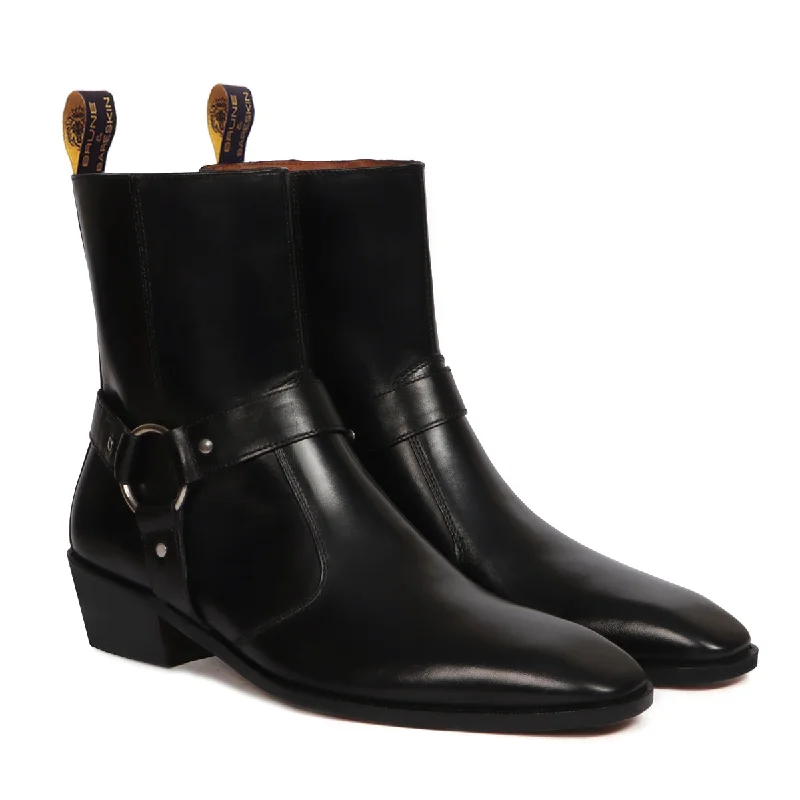 Everyday Comfort Shoes Stylish Buckle Strap Side Zipper Boot in Black Genuine Leather with Perfect Cuban Heel Everyday Comfort Shoes Stylish Buckle Strap Side Zipper Boot in Black Genuine Leather with Perfect Cuban Heel