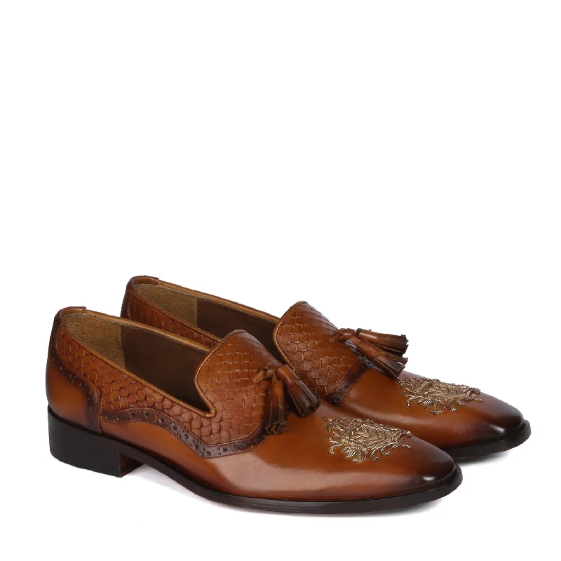 Plush Walking Shoes Zardosi Toe Snake Textured Tassel Tan Leather Slip-On Shoe For Men