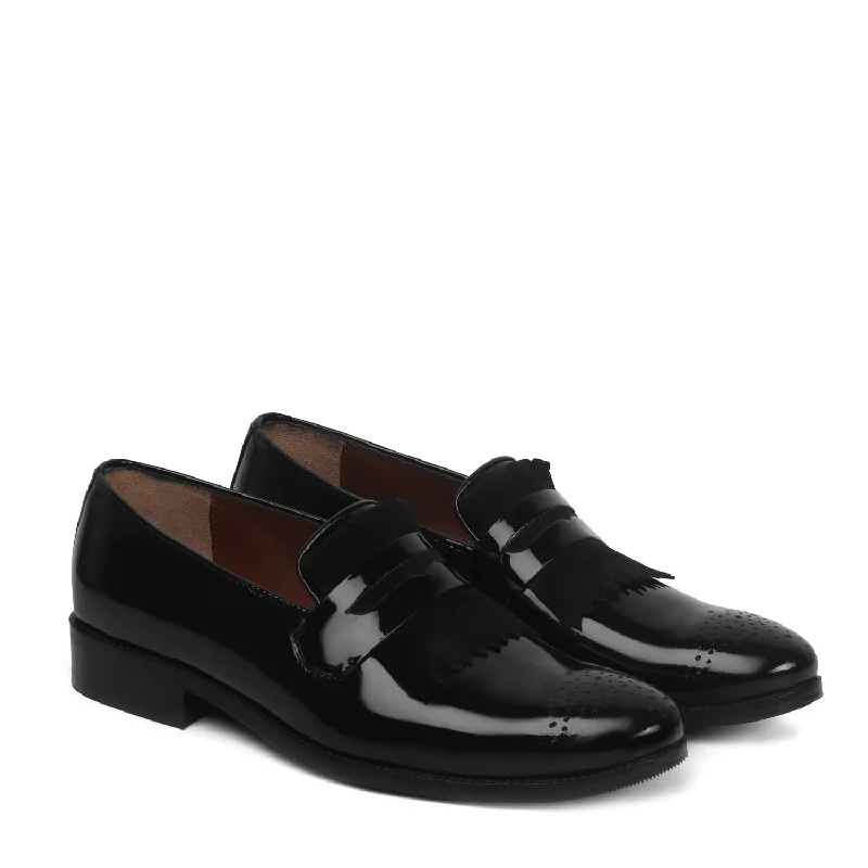 All-Day Comfort Sneakers Black Patent Leather Slip-On Shoe With Suede Fringes