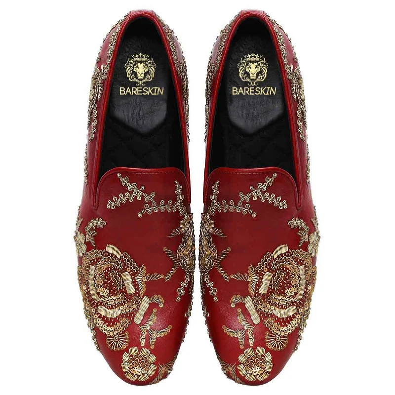 Everyday Running Shoes Copper Gold Zardosi Slip-On Shoes in Maroon Genuine Leather By Brune & Bareskin