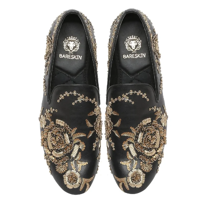 Soft Insole Sneakers Black Leather Slip-On Shoes with Copper Gold Zardosi Embroidery By Brune & Bareskin