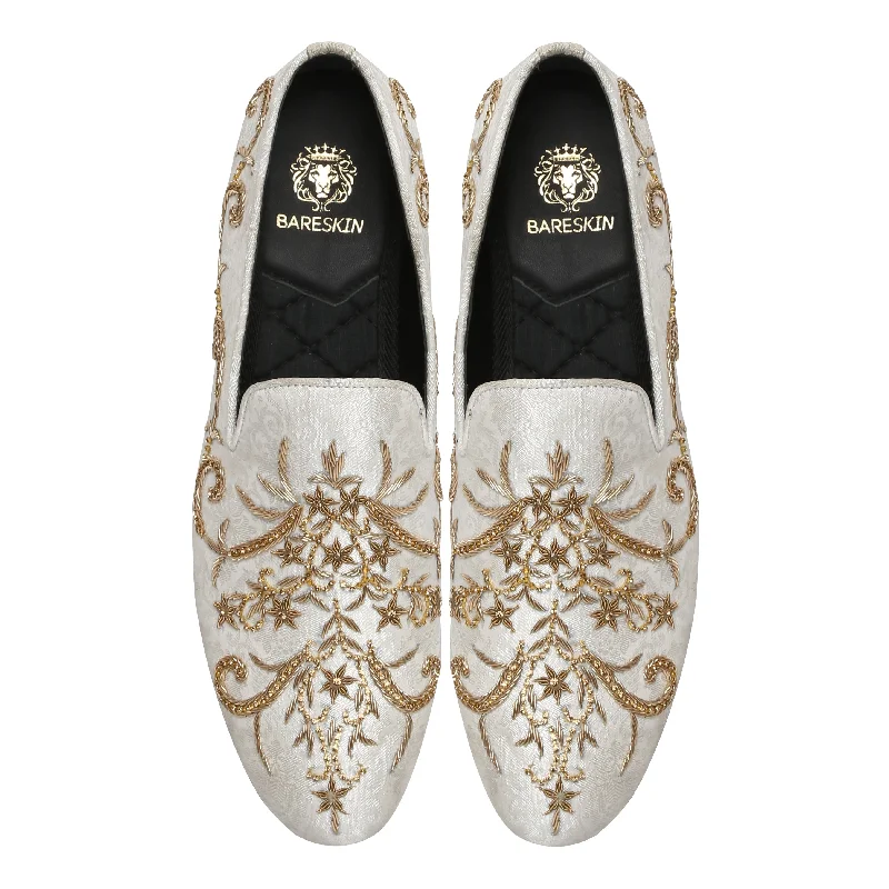 Anti-Fatigue Shoes Graceful White Slip-Ons with Golden Zardosi By Brune & Bareskin