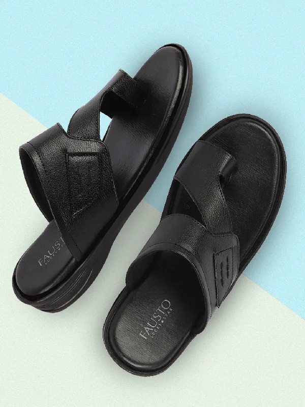 Streetwear Running Shoes Men Black Daily Indoor Outdoor Multi Strap Slip On Toe Ring Slipper
