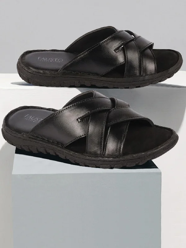 Ultra-Breathable Sneakers Men Black Genuine Leather Multi Cross Strap Open Toe Suede Leather Insole Slippers