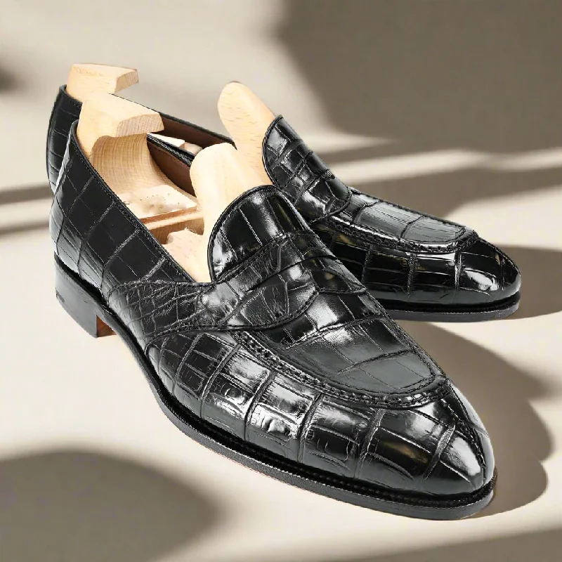 Trendy Sport Shoes Preston Black Alligator Print Penny Loafer