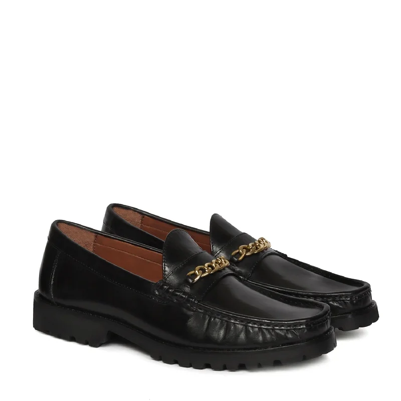 Elegant Everyday Shoes Black Chunky Sole Loafer with Golden Chain Embellishment