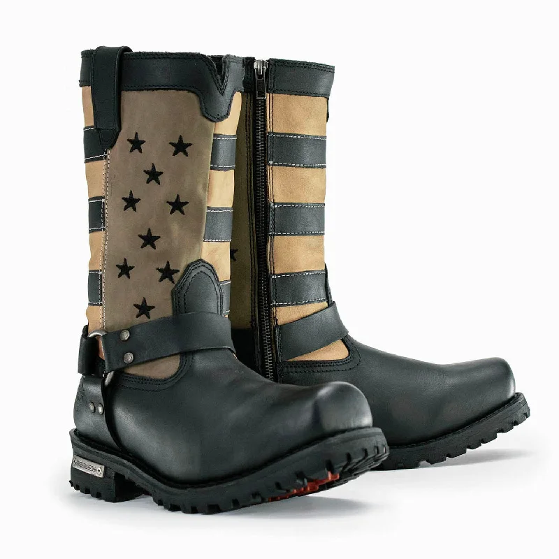 Travel Comfort Shoes Milwaukee Leather Men's Stars and Stripes Black with Tan Motorcycle Rider Harness Boots MBM9045
