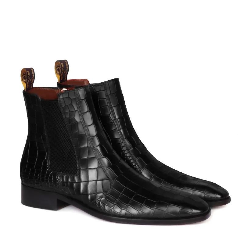 Flexible Casual Shoes Black Deep Cut Leather Chelsea Boots with Zip Closure
