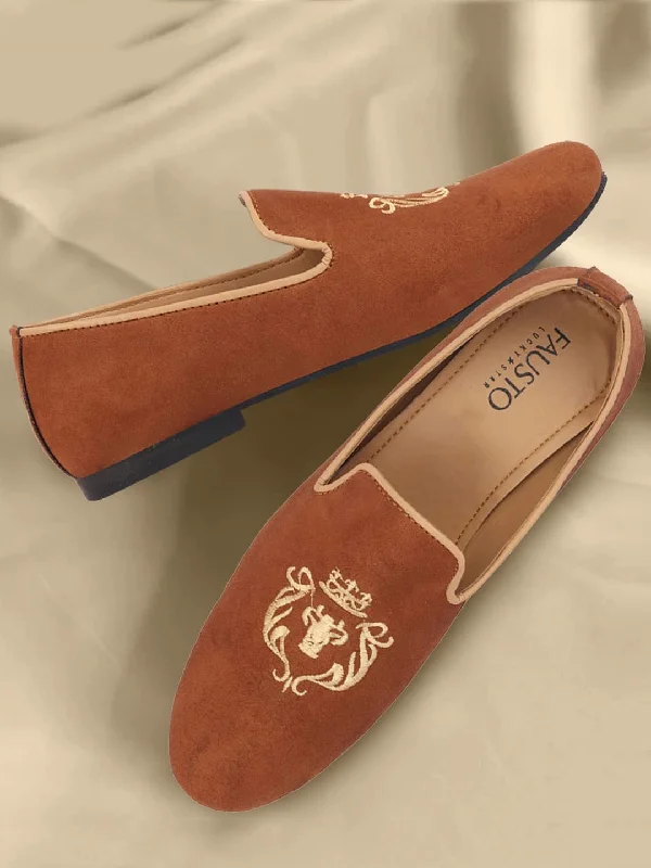 Flexible Running Shoes Men Tan Embroidered Velvet Slip On Loafers