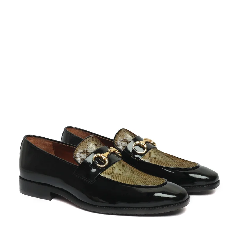 Sporty Slip-Ons Golden Snake Textured Loafer in Black Patent Leather
