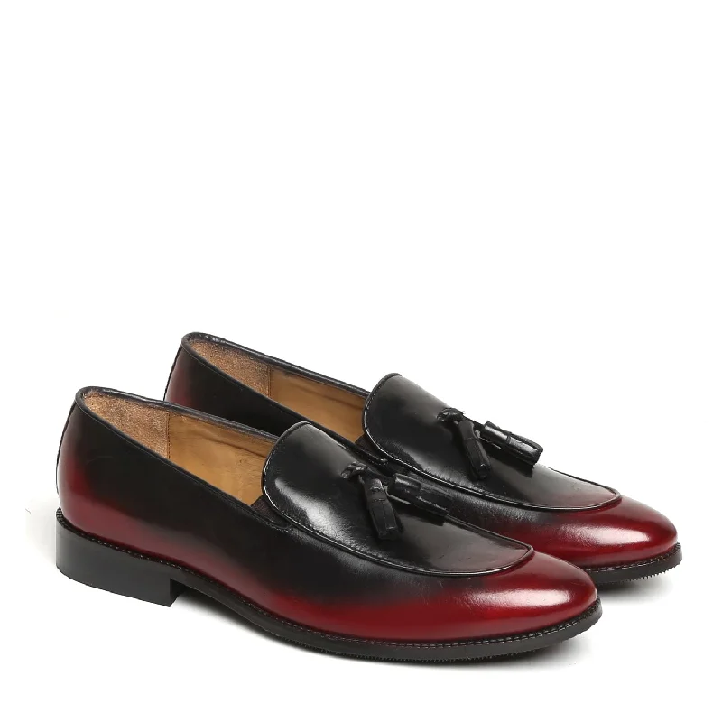 High-Performance Shoes Tassel Slip-On Formal Shoe in Wine-Black Brushed Off Genuine Leather
