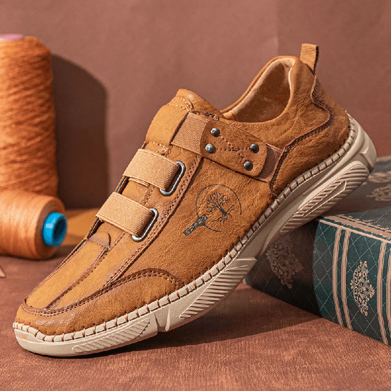 All-Purpose Sneakers Men Cowhide Hand Stitching Hook&Loop Casual Soft Driving Shoes