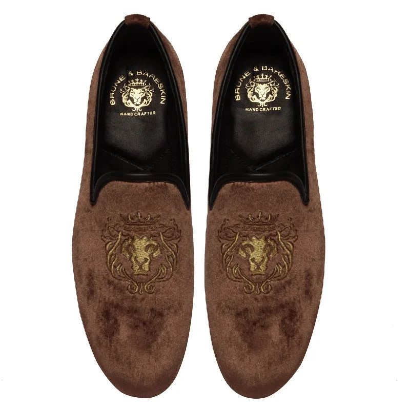 Soft Cushion Sneakers Copper Brown/Golden Lion King Embroidery Velvet Slip-On By Brune & Bareskin