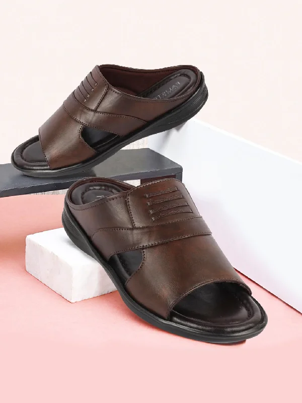 Soft Walking Shoes Men Brown Daily Indoor Outdoor Comfort Stitched Design Open Toe Slip On Slipper