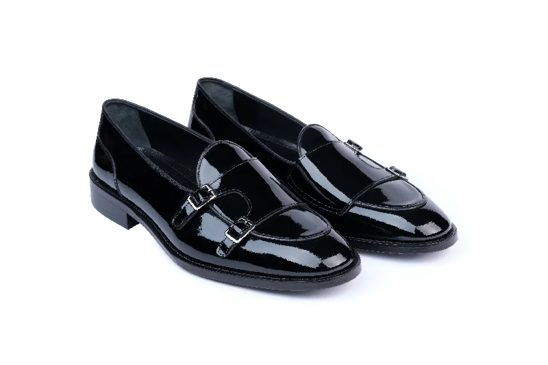 Everyday Comfort Shoes Onyx Patent Leather Short Cut Double Monk