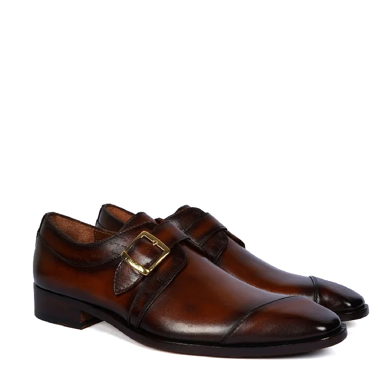 Lightweight Foam Shoes Single Monk Formal Shoes in Espresso Leather Slant Cap Toe Laser Engraved Top Line By Brune & Bareskin Lightweight Foam Shoes Single Monk Formal Shoes in Espresso Leather Slant Cap Toe Laser Engraved Top Line By Brune & Bareskin