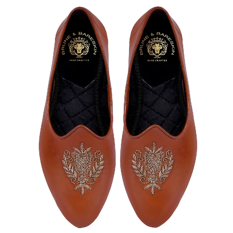 Fashionable Running Shoes Ethnic Tan Leather Zardosi Jalsa
