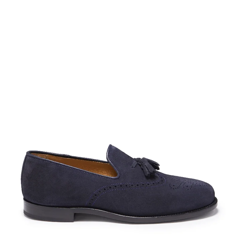 Ultra-Durable Sneakers Navy Blue Suede Tasselled Brogues, Welted Leather Sole