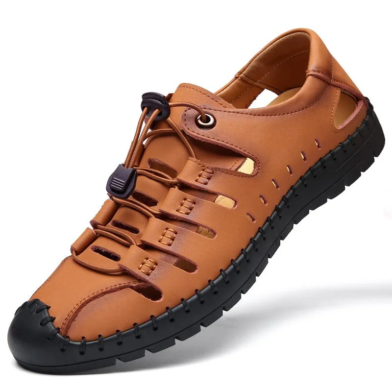 Trendy Loafers Men's sandals wear soft sole leather hole shoes cowhide casual hollow sandals