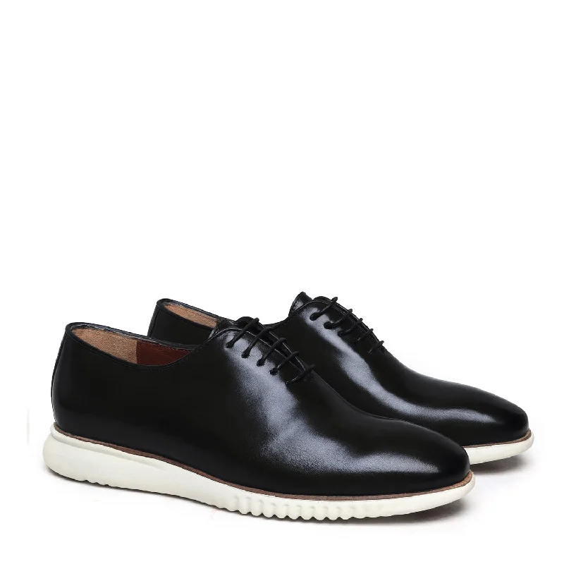 Trendy Loafers Black One Piece Leather Oxford Lace-Up Sneakers With Sole