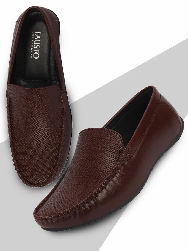 Ultimate Comfort Shoes Basics Men Brown Textured Print Side Stitched Casual Slip On Loafers and Moccasin Shoes