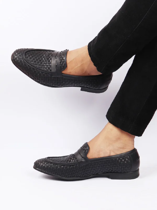 Street Style Sneakers Men Navy Blue Hand Knitted Design Penny Loafer Slip On Shoes
