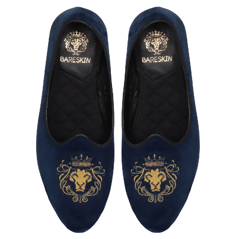 Plush Cushion Shoes Blue Velvet Jalsa Jutti With Golden Lion-King Embroidery