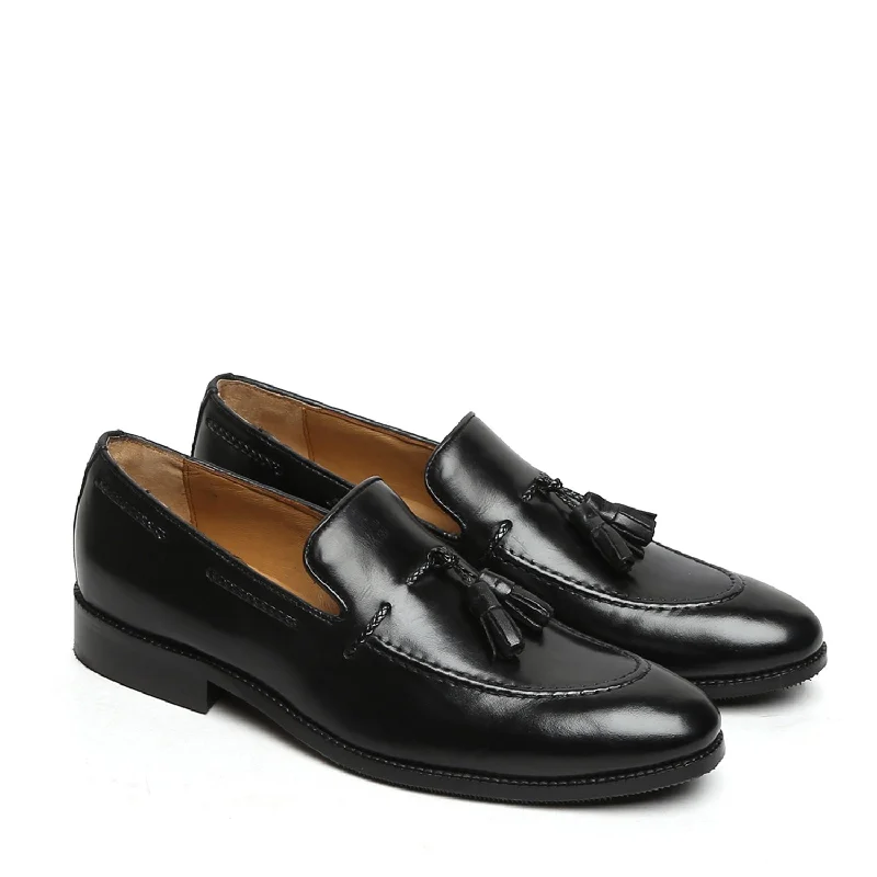 Cushion Insole Shoes Black Side Lacing Tassel Loafers in Genuine Leather
