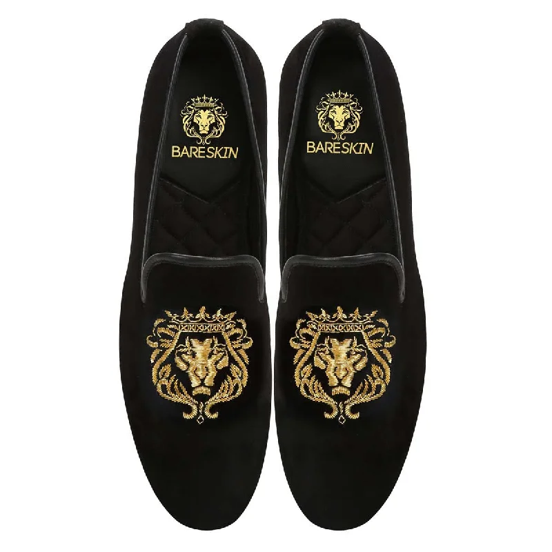 Memory Foam Sneakers Gold Lion Zardosi Black Velvet Slip-On Shoes