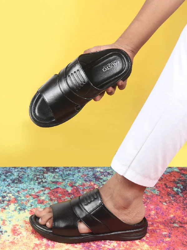 Street Running Shoes Men Black Daily Indoor Outdoor Comfort Stitched Design Open Toe Slip On Slipper
