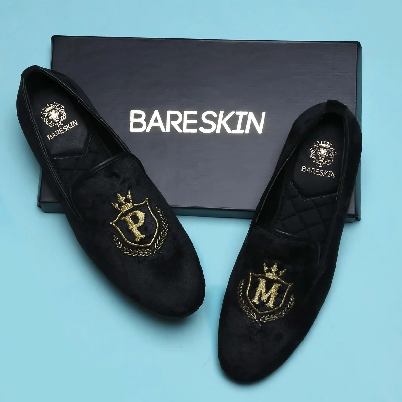 Plush Cushion Shoes Handcrafted P&M Embroidery Initials Velvet Slip-on By Brune & Bareskin