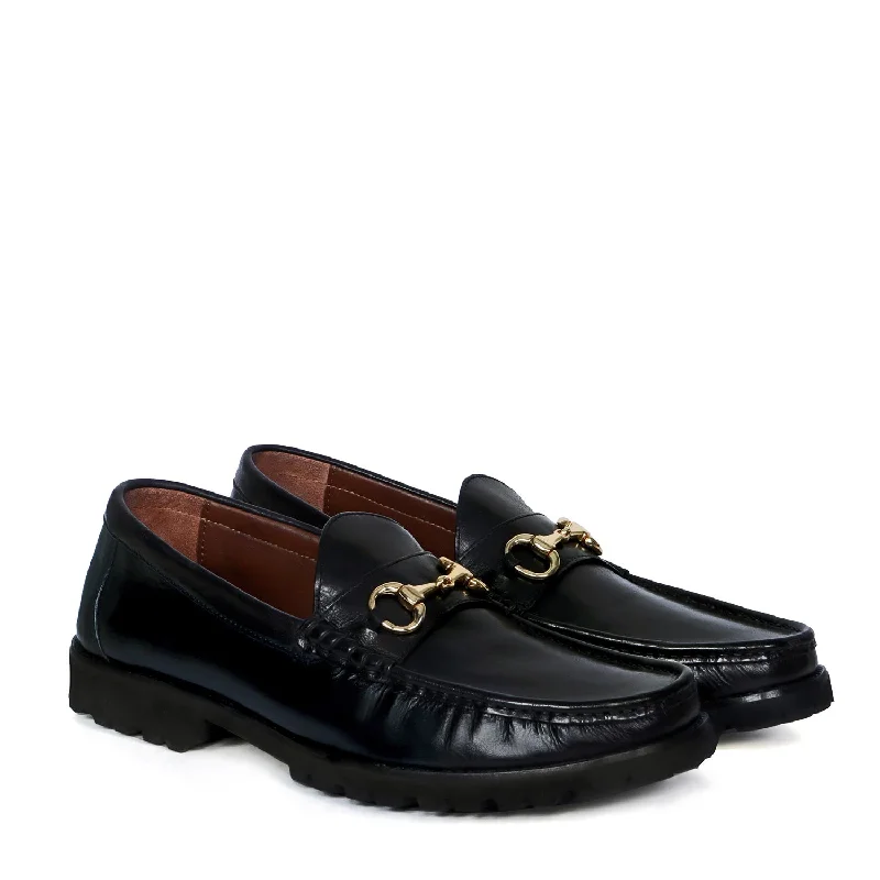 Relaxed Fit Sneakers Chunky Sole Loafer with Horse-bit Detailing in Black Leather