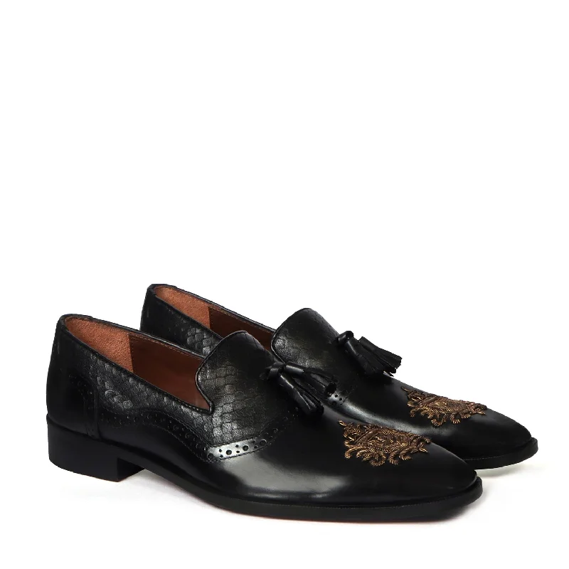 Urban Fashion Sneakers Zardosi Toe Slip-On Shoe For Men Black Snake Textured Tassel Leather