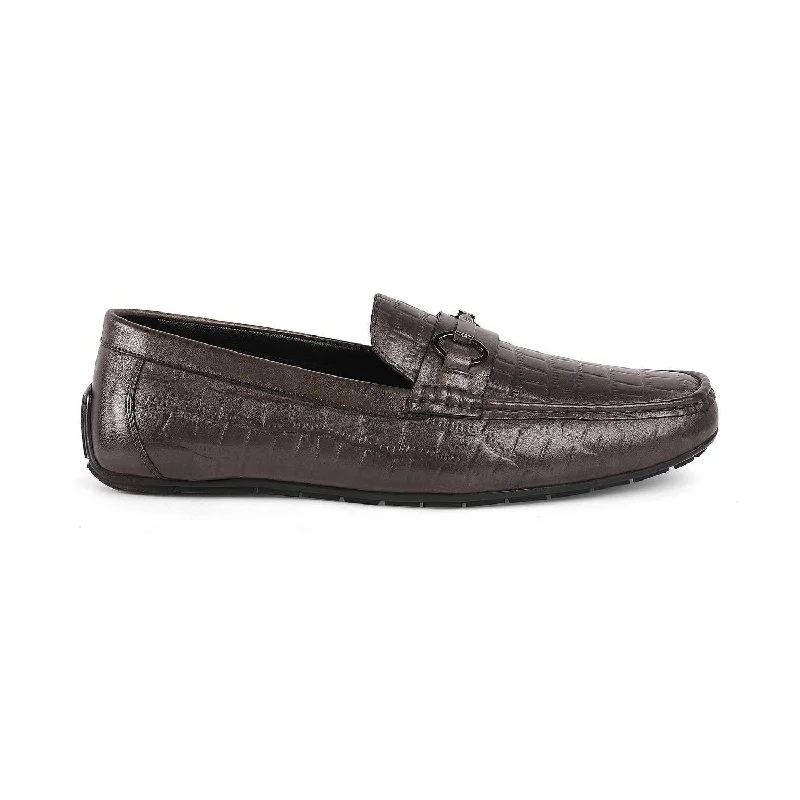 Street Running Shoes Tresmode Miluck Grey Men's Textured Leather Driving Loafers