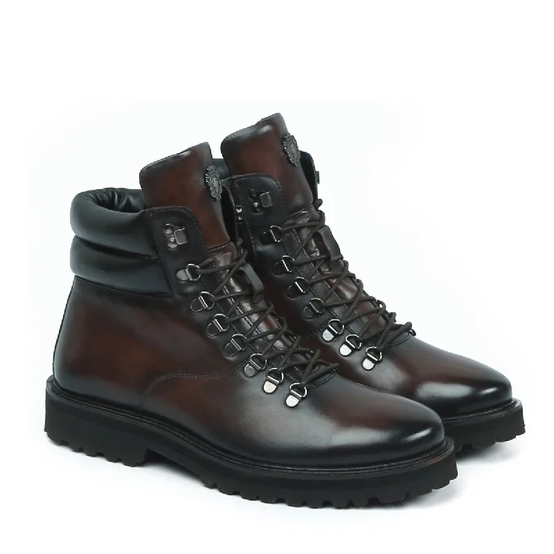 Breathable Cushion Shoes Men's Biker Boot in Dark Brown Leather With Metal Lion