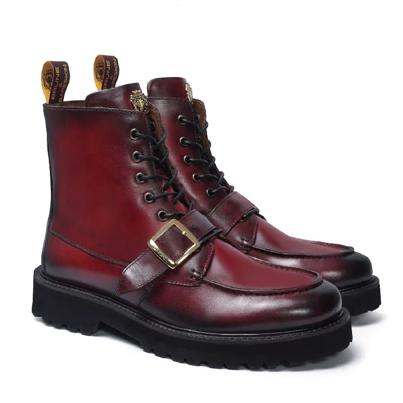 Classic Sport Sneakers Burnished Dark Apron Toe Boot Ultra Light Weight Wine Leather Lace-Up Buckle Straps by Brune & Bareskin