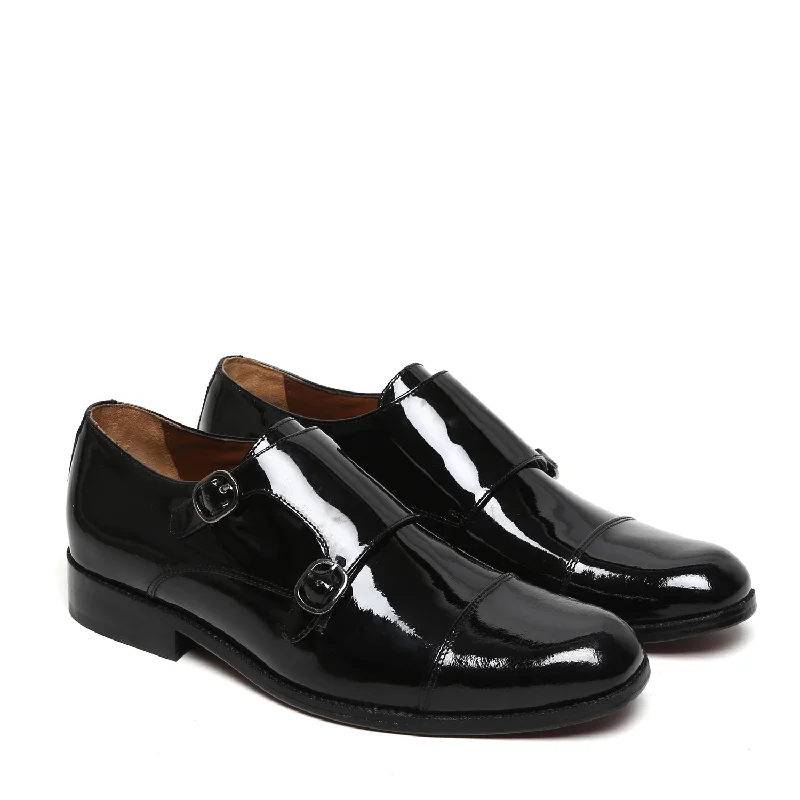 All-Weather Sneakers Patent Black Genuine Leather Cap Toe Double Monk Strap Formal Shoes By Brune & Bareskin