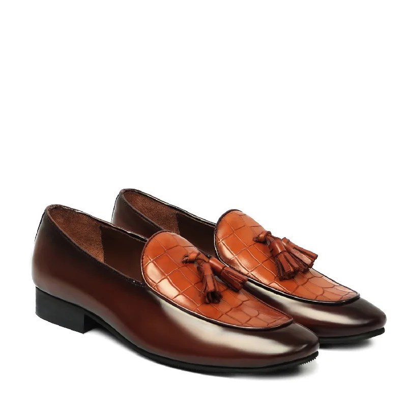 Elegant Sneakers Men's Tan Tassel Loafers With Deep Cut Croco Leather At Vamp By Brune & Bareskin