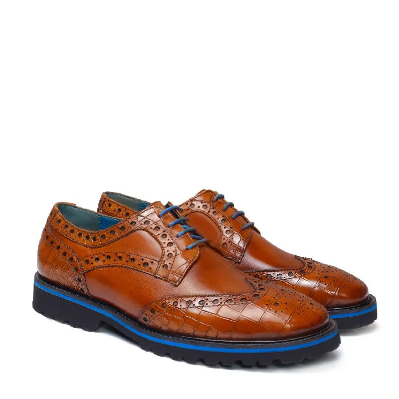 Sleek Athletic Sneakers Contrasting Tan Croco Leather Toe Sky Blue Laces Derby Shoes