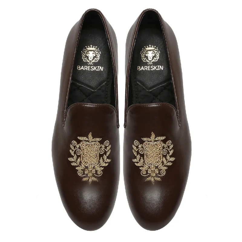 Premium Comfort Shoes Ethnic Crest Zardosi Slip-On Shoes in Dark Brown Leather By Brune & Bareskin
