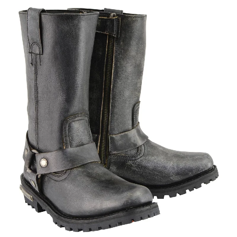 Premium Comfort Shoes Milwaukee Leather Men's Distressed Gray Leather 11-inch Classic Harness Square Toe Motorcycle Boots MBM9006