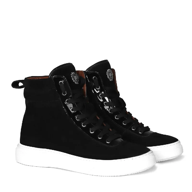 Slip-Resistant Shoes Black Suede Leather With Contrasting Patent Detailing Mid Top Lace-Up Sneakers by Brune & Bareskin Slip-Resistant Shoes Black Suede Leather With Contrasting Patent Detailing Mid Top Lace-Up Sneakers by Brune & Bareskin