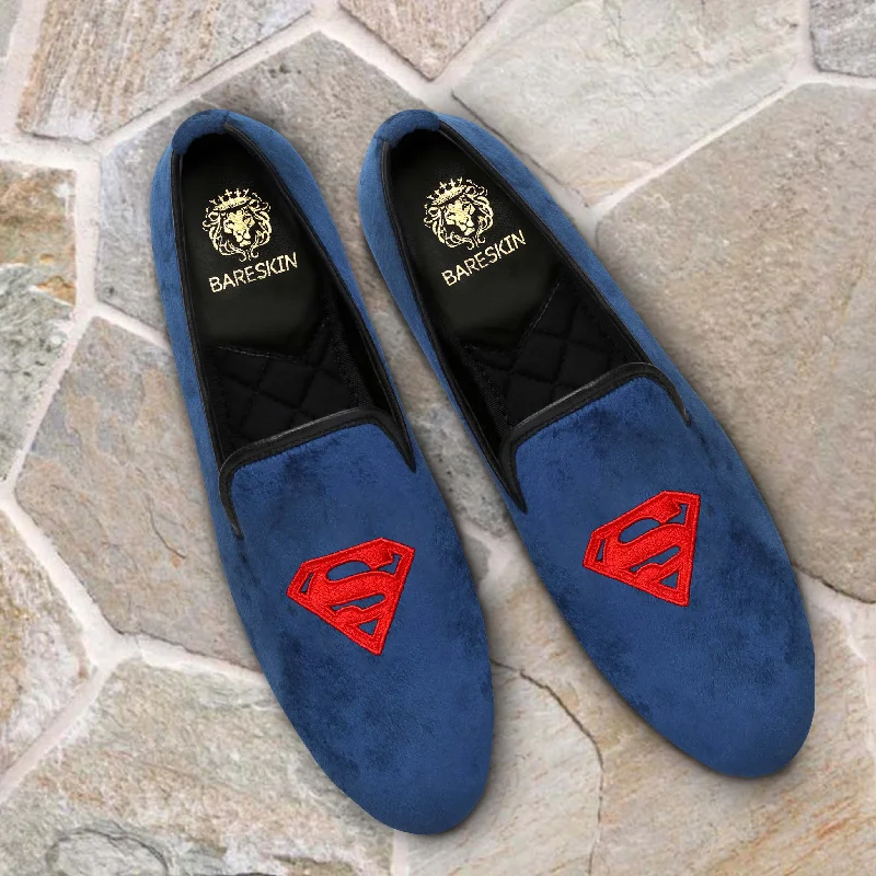 Street Style Sneakers SUPERMAN Logo Crafted on Blue Velvet Slip-on by Brune & Bareskin