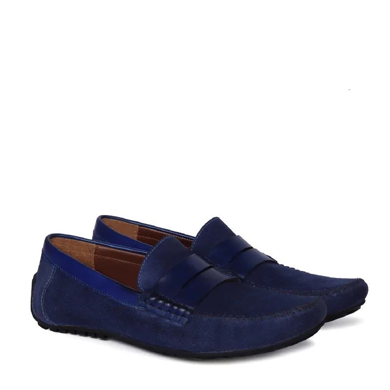 Ultra-Breathable Sneakers Silhouette Driver Sole Loafer in Blue Suede Leather
