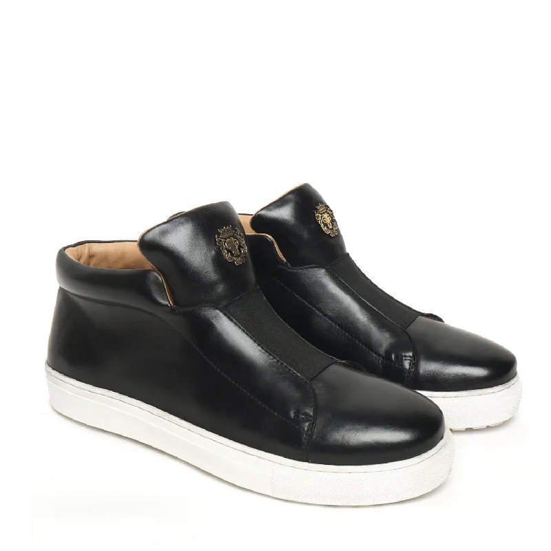 Soft Foam Shoes Black Leather Mid-Top Sneakers with Stretchable Strap by Brune & Bareskin Soft Foam Shoes Black Leather Mid-Top Sneakers with Stretchable Strap by Brune & Bareskin
