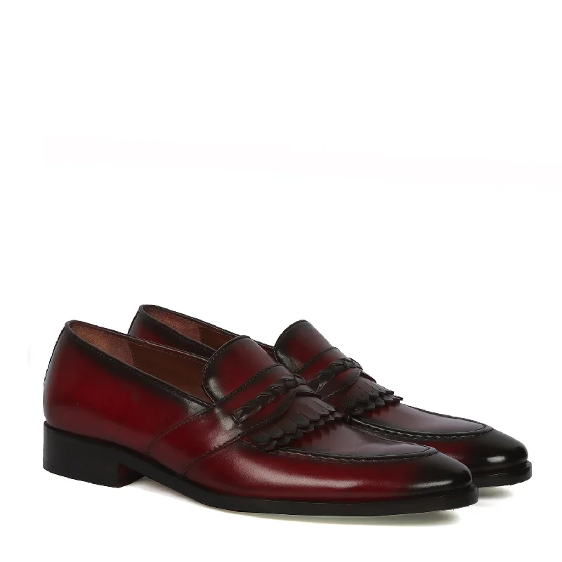 Ultra-Stylish Shoes Wine Leather Slip-On Loafers with Dual Fringes Weaved Strip By Brune & Bareskin Ultra-Stylish Shoes Wine Leather Slip-On Loafers with Dual Fringes Weaved Strip By Brune & Bareskin