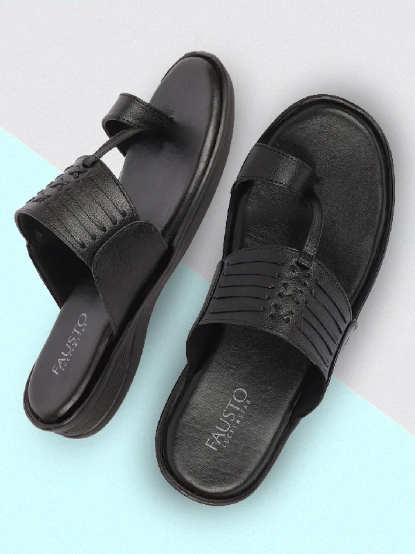 Classic Sport Sneakers Men Black Daily Indoor Outdoor Comfort Stitched Design Kolhapuri Toe Ring Slip On Slipper